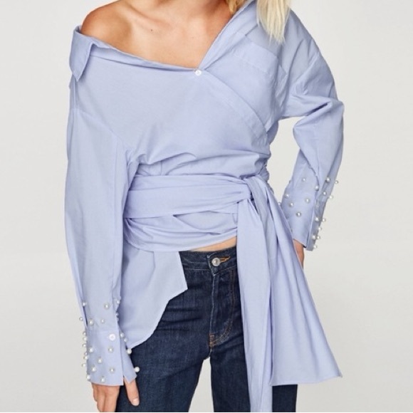 Zara Light Blue Button Down Asymmetrical Shirt with Pearl Details - Picture 1 of 7